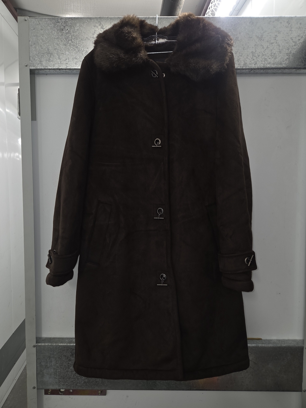Women's Dark Brown Shearling Trench Coat with Fur Collar